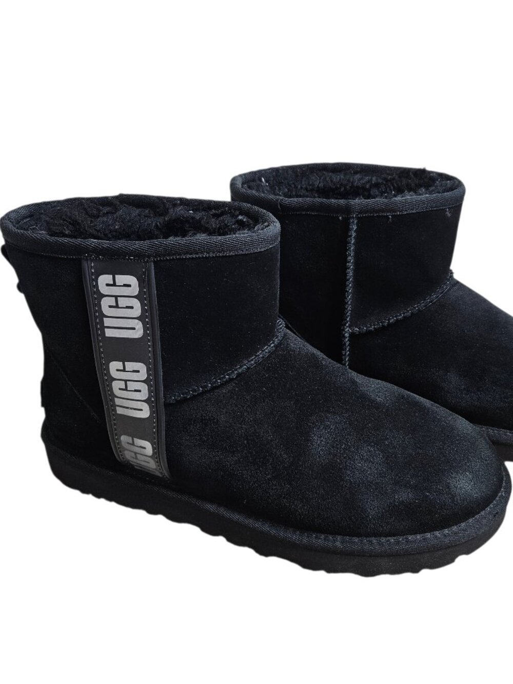 UGG Mini Logo Suede Shearling Lined Mini Boots Women's 10 Black Winter Cozy Warm